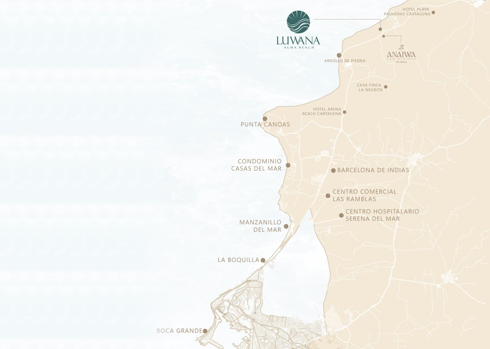 Mapa de ubicación de Anaiwa Eco Reserva en la Zona Norte de Cartagena